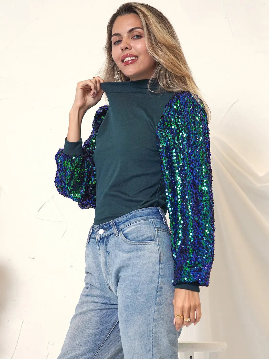 Sequin Balloon Long Sleeve Mock Neck Pullover - Get it from Bo
