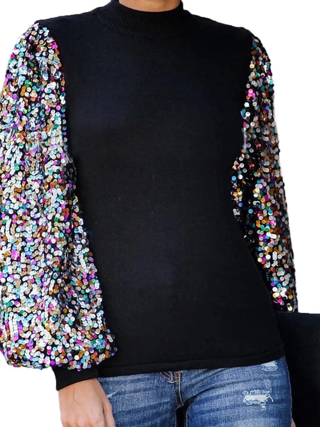 Sequin Balloon Long Sleeve Mock Neck Pullover - Get it from Bo