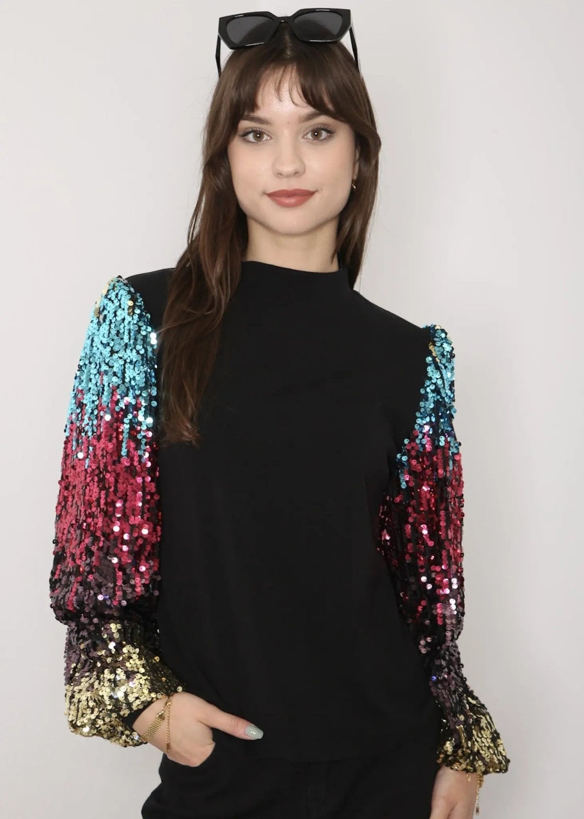 Sequin Balloon Long Sleeve Mock Neck Pullover - Get it from Bo