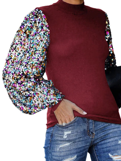 Sequin Balloon Long Sleeve Mock Neck Pullover - Get it from Bo