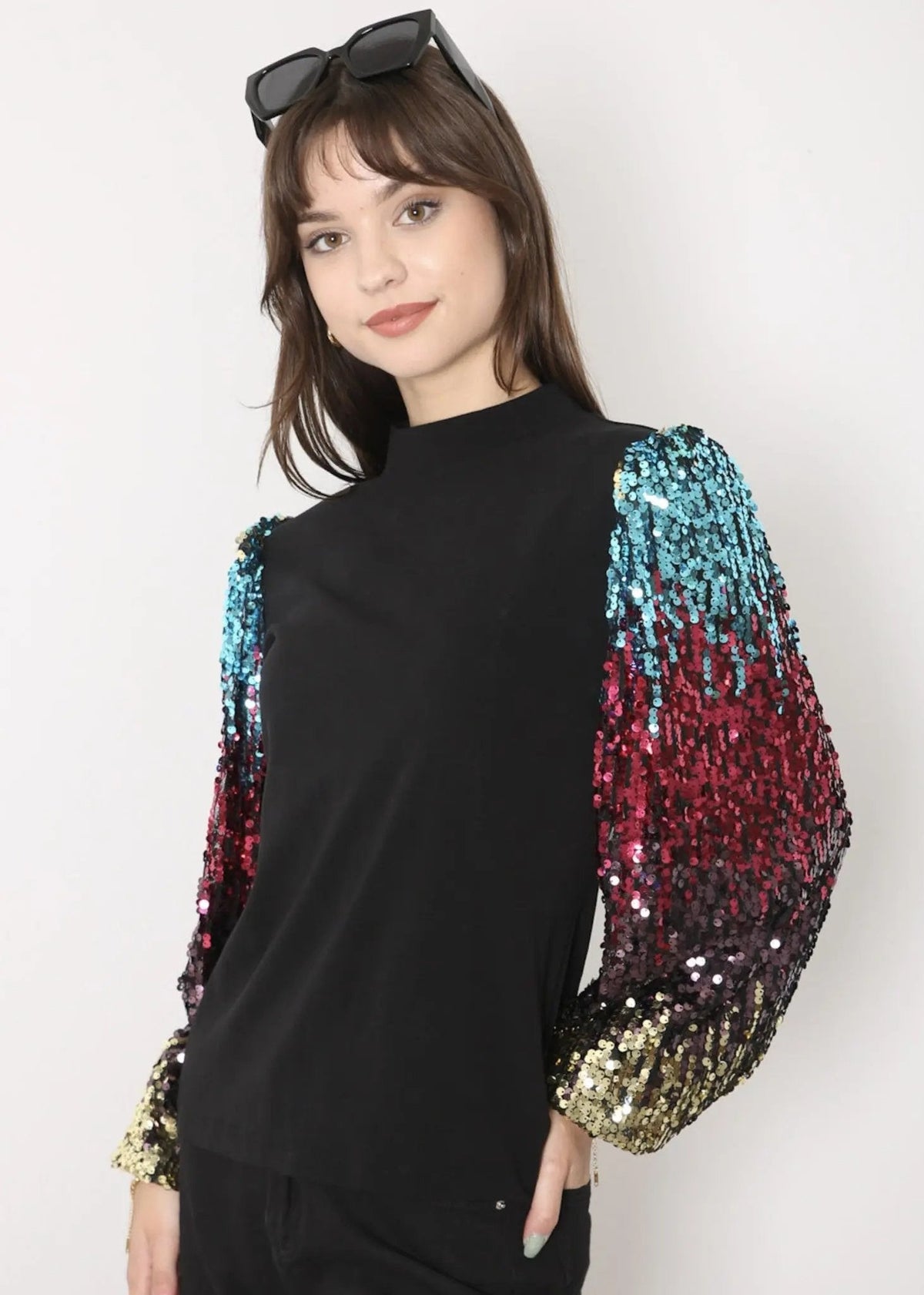 Sequin Balloon Long Sleeve Mock Neck Pullover - Get it from Bo