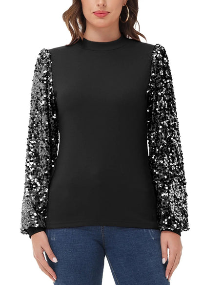 Sequin Balloon Long Sleeve Mock Neck Pullover - Get it from Bo