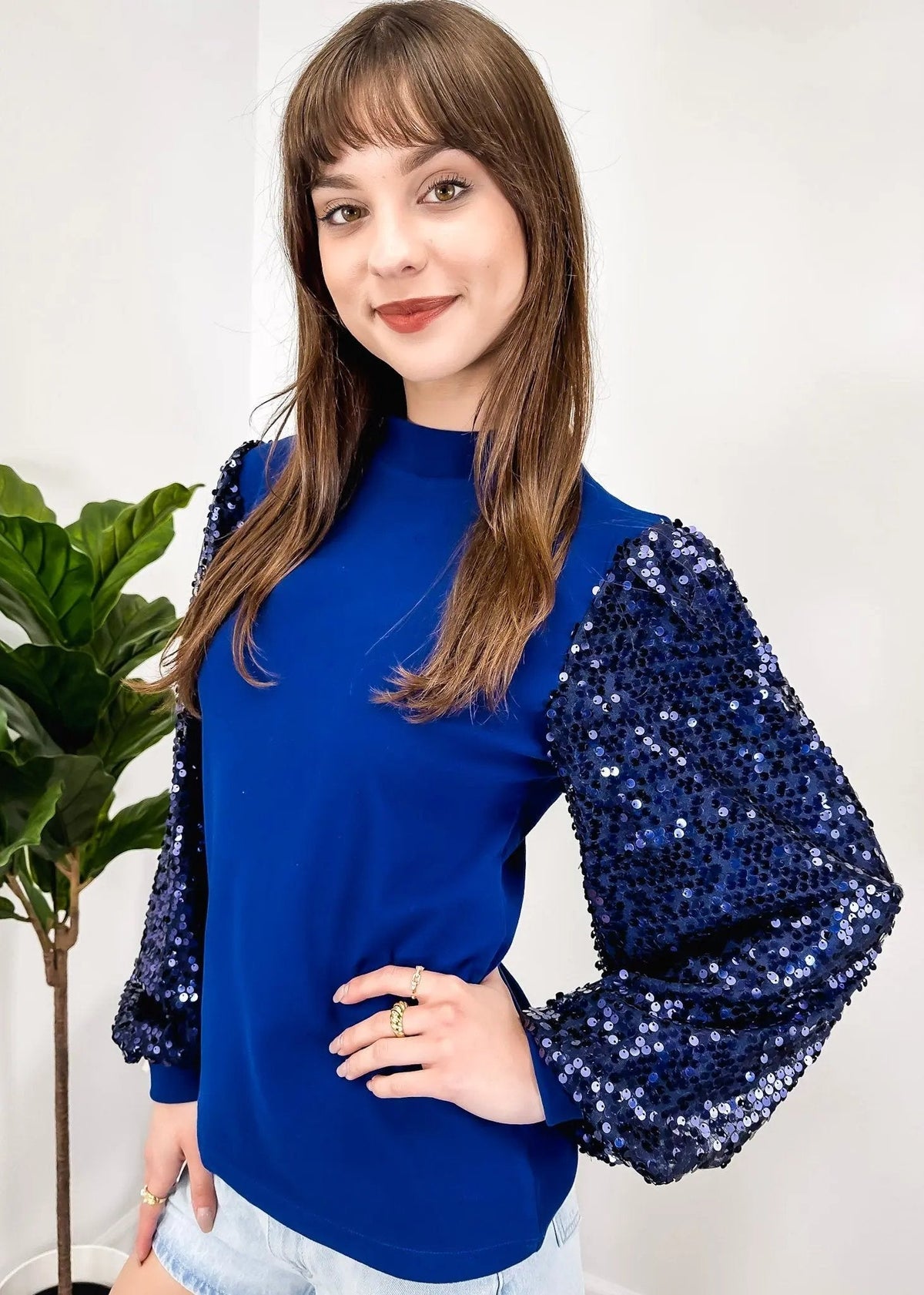 Sequin Balloon Long Sleeve Mock Neck Pullover - Get it from Bo