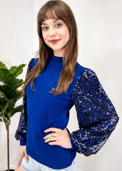 Sequin Balloon Long Sleeve Mock Neck Pullover - Get it from Bo
