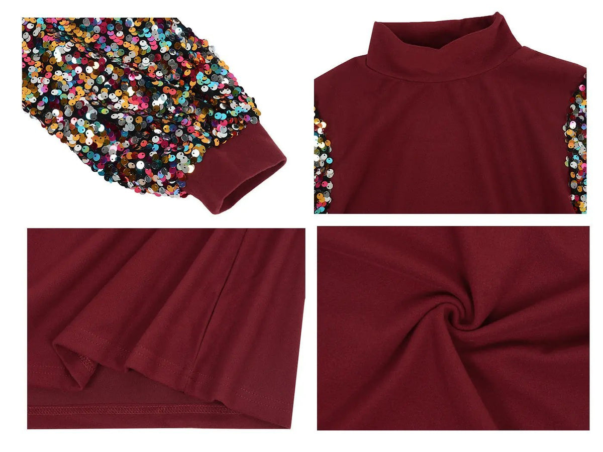 Sequin Balloon Long Sleeve Mock Neck Pullover - Get it from Bo