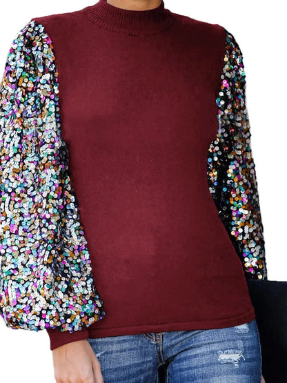 Sequin Balloon Long Sleeve Mock Neck Pullover - Get it from Bo
