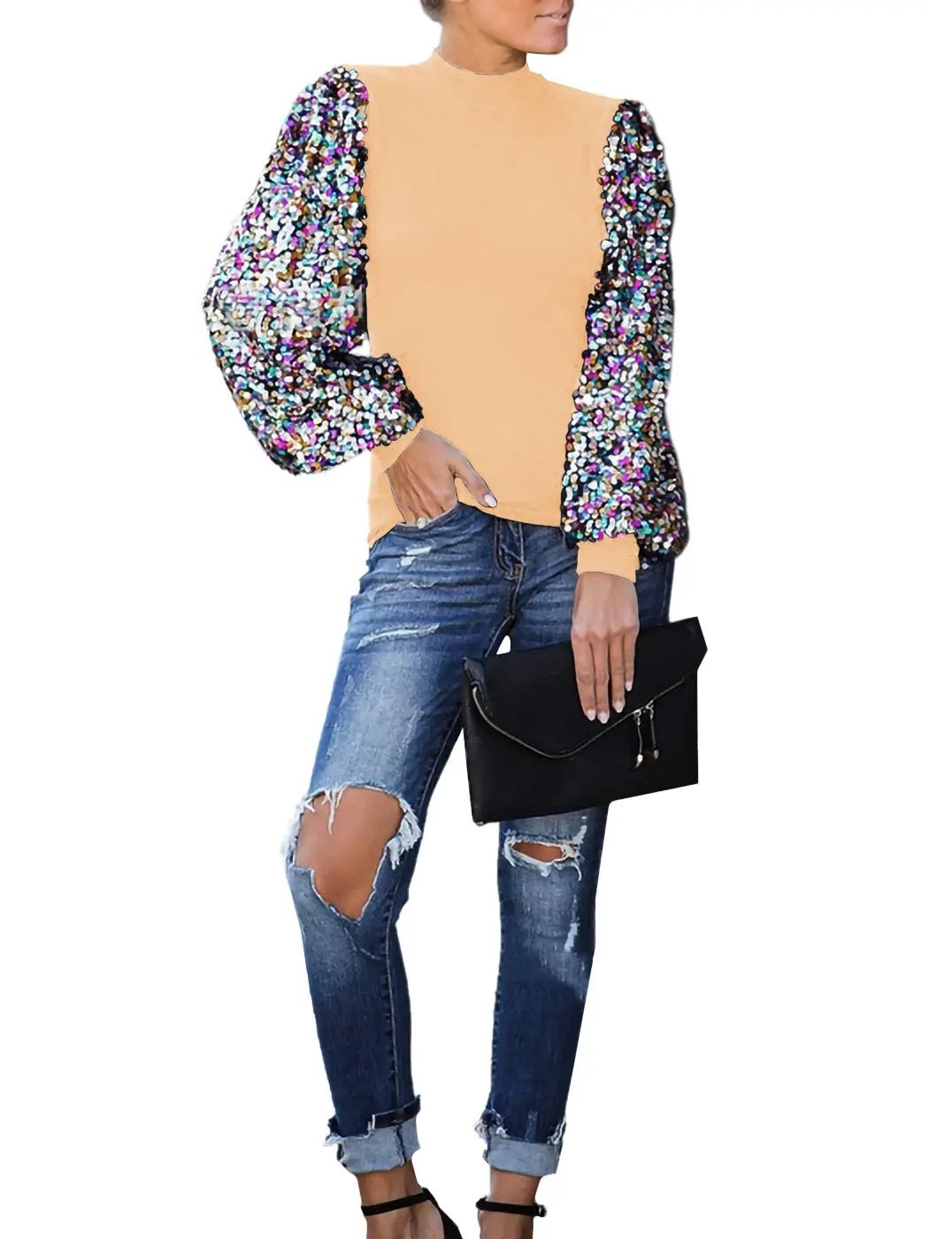 Sequin Balloon Long Sleeve Mock Neck Pullover - Get it from Bo