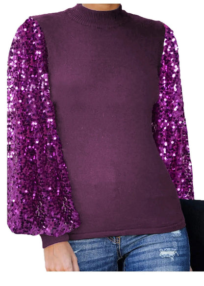 Sequin Balloon Long Sleeve Mock Neck Pullover - Get it from Bo