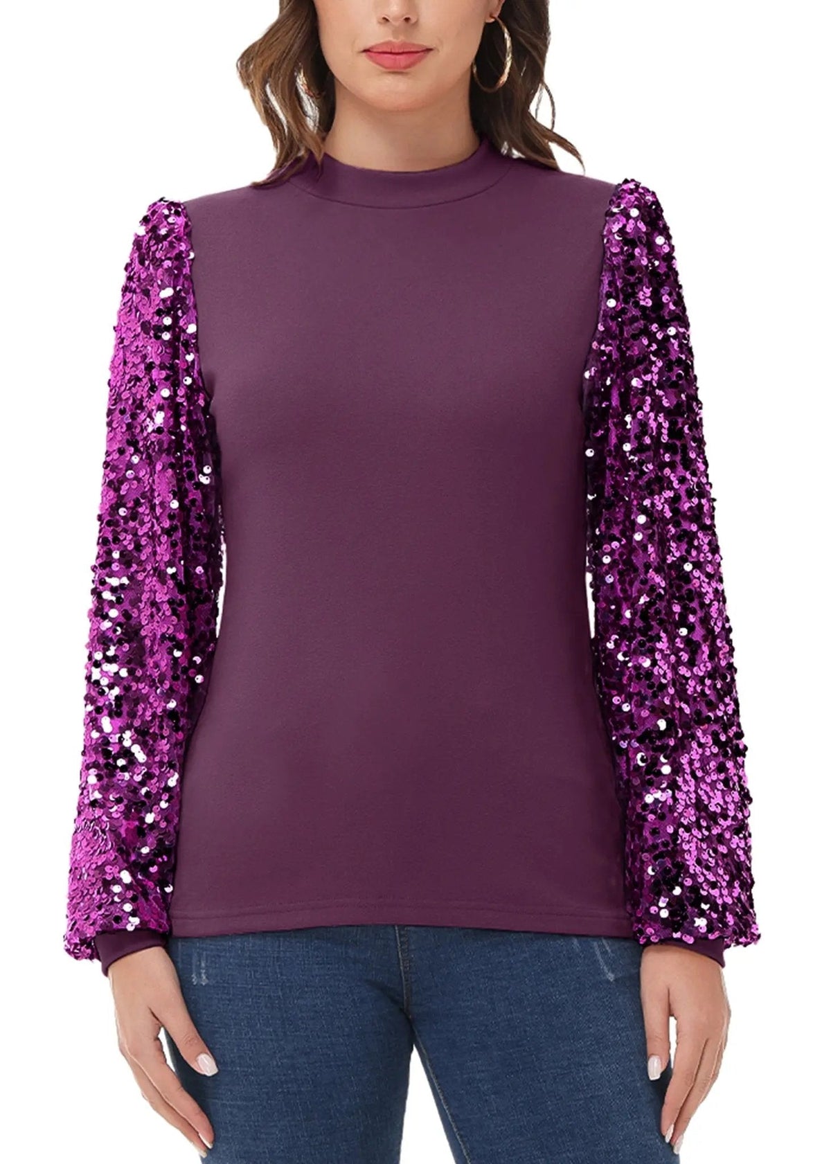 Sequin Balloon Long Sleeve Mock Neck Pullover - Get it from Bo