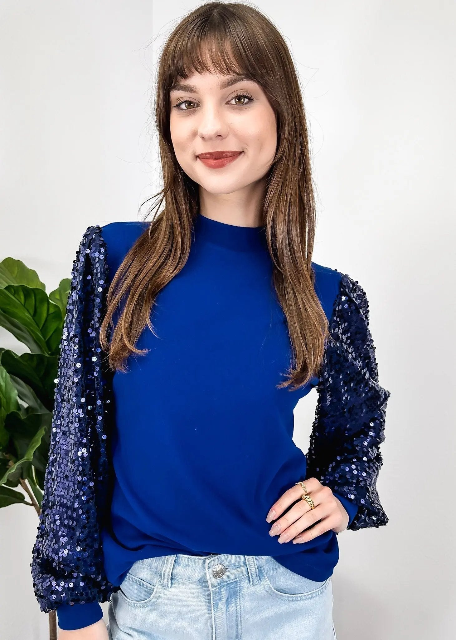 Sequin Balloon Long Sleeve Mock Neck Pullover - Get it from Bo
