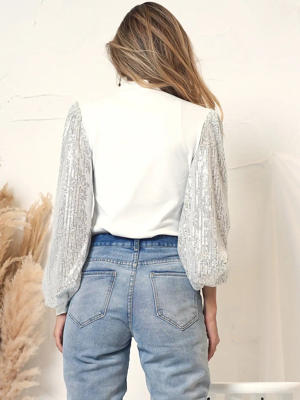 Sequin Balloon Long Sleeve Mock Neck Pullover - Get it from Bo
