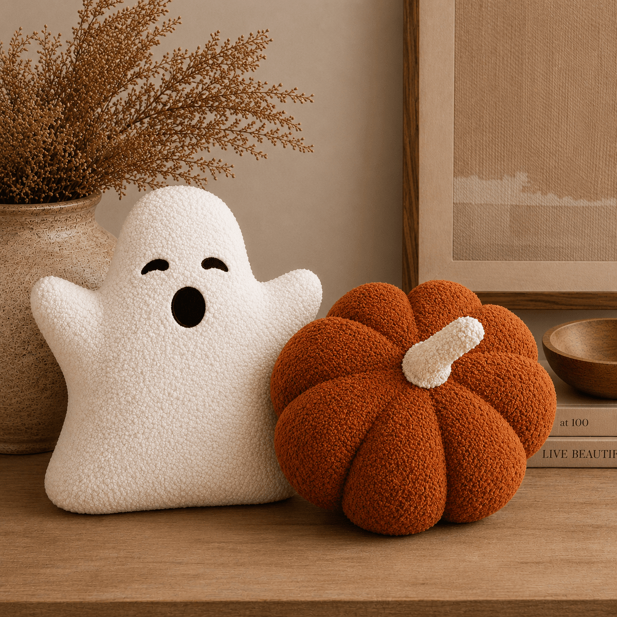 Sherpa Pumpkin & Ghost Pillow Set - Get it from Bo