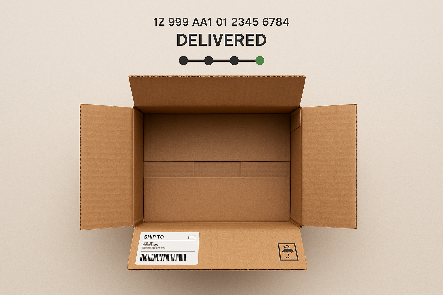 shipping box opened with tracking above