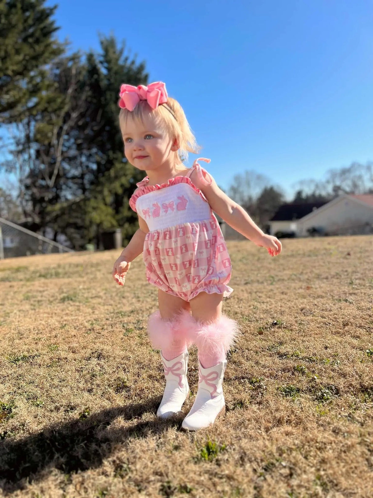 Smocked bunny bows tie romper - Get it from Bo