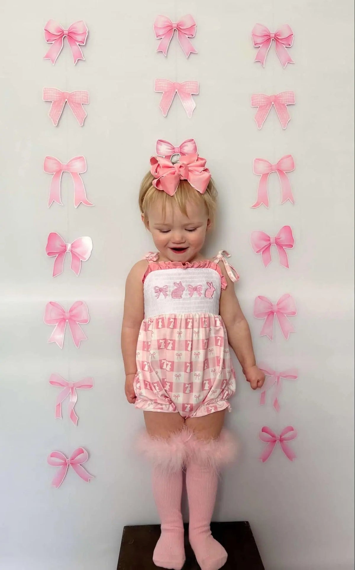 Smocked bunny bows tie romper - Get it from Bo