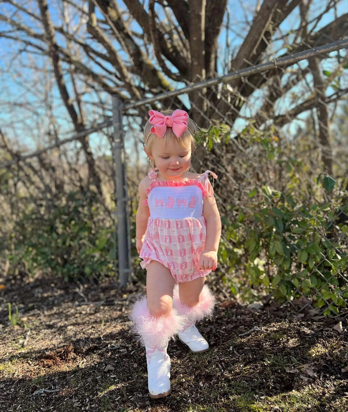 Smocked bunny bows tie romper - Get it from Bo