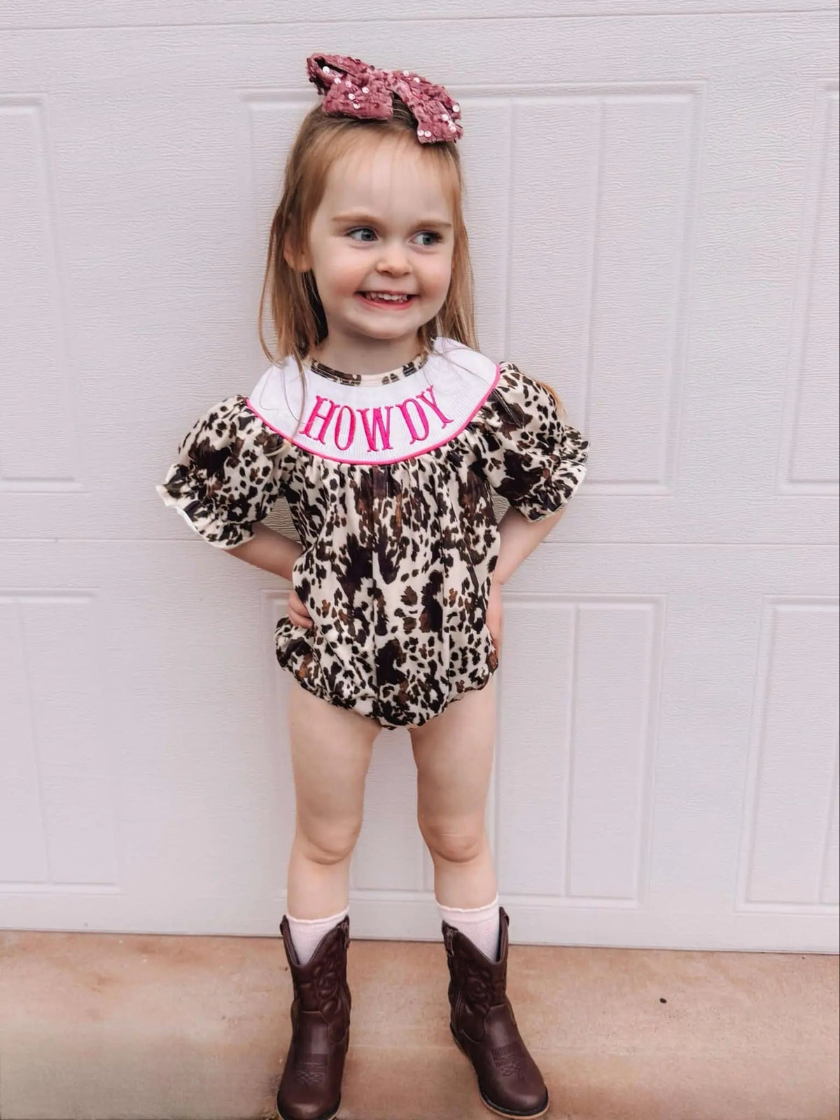 Smocked cowhide howdy romper - Get it from Bo