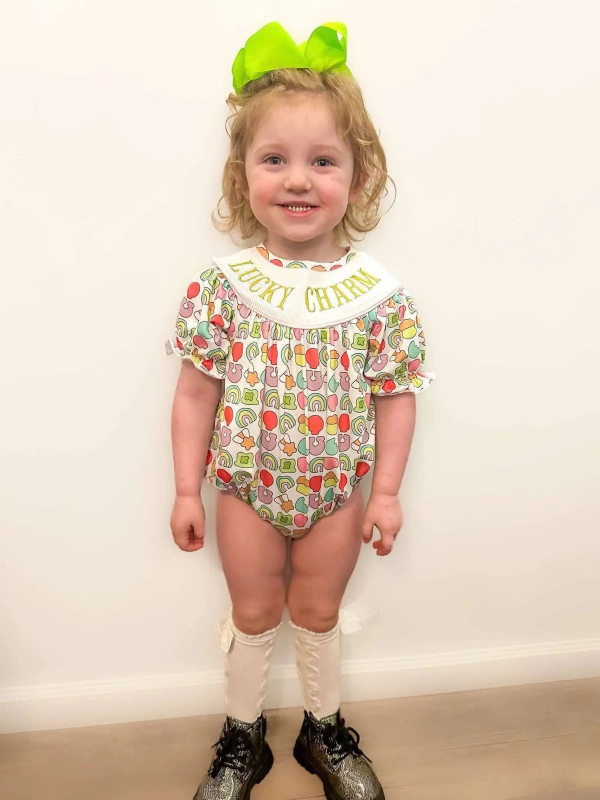 Smocked lucky charm girl romper - Get it from Bo