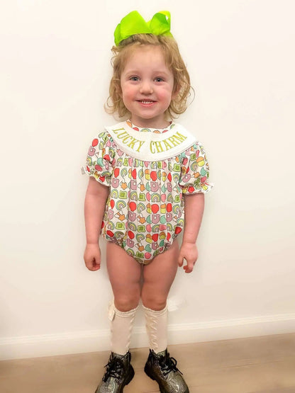 Smocked lucky charm girl romper - Get it from Bo