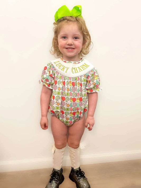 Smocked lucky charm girl romper - Get it from Bo