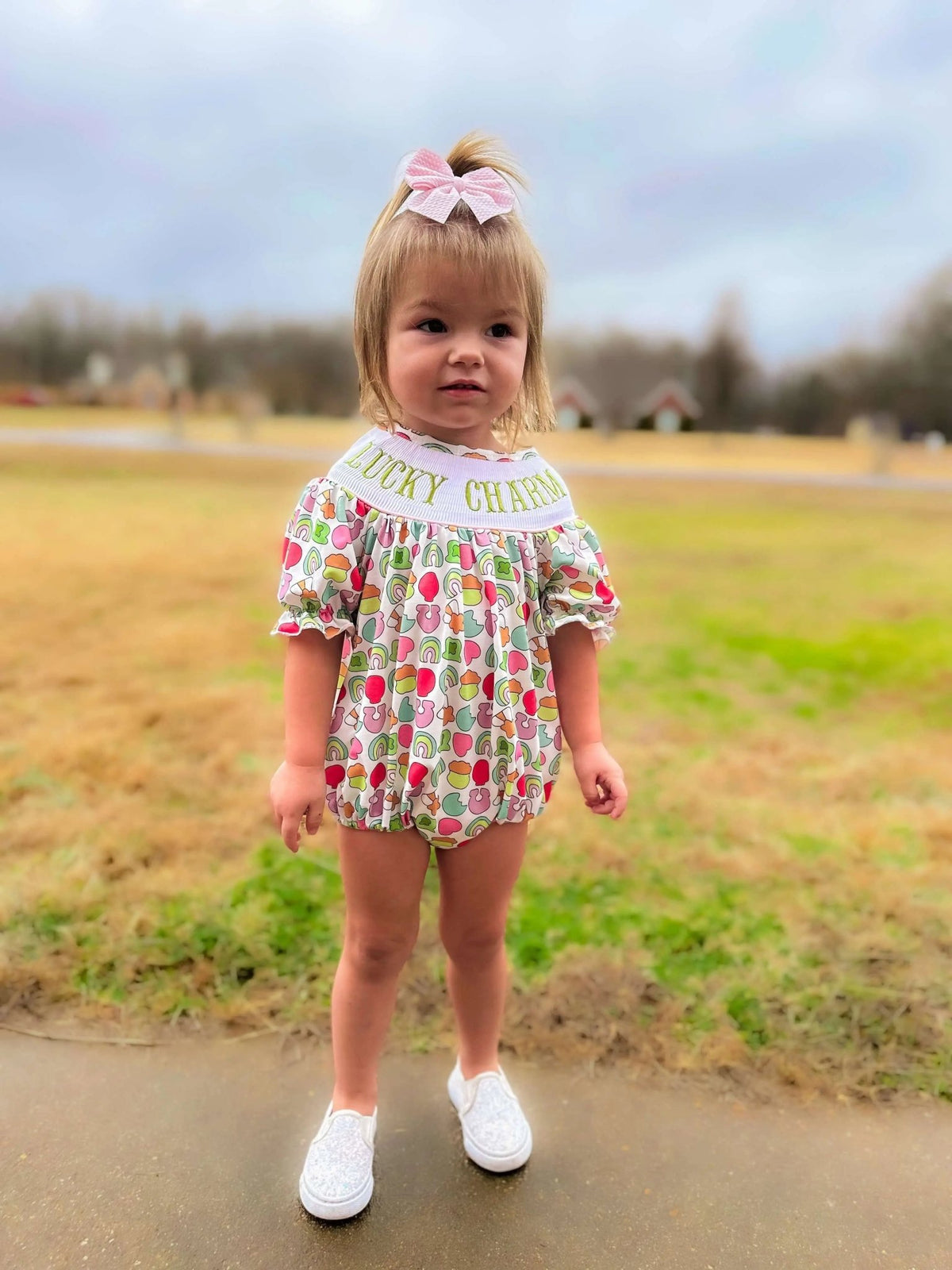 Smocked lucky charm girl romper - Get it from Bo