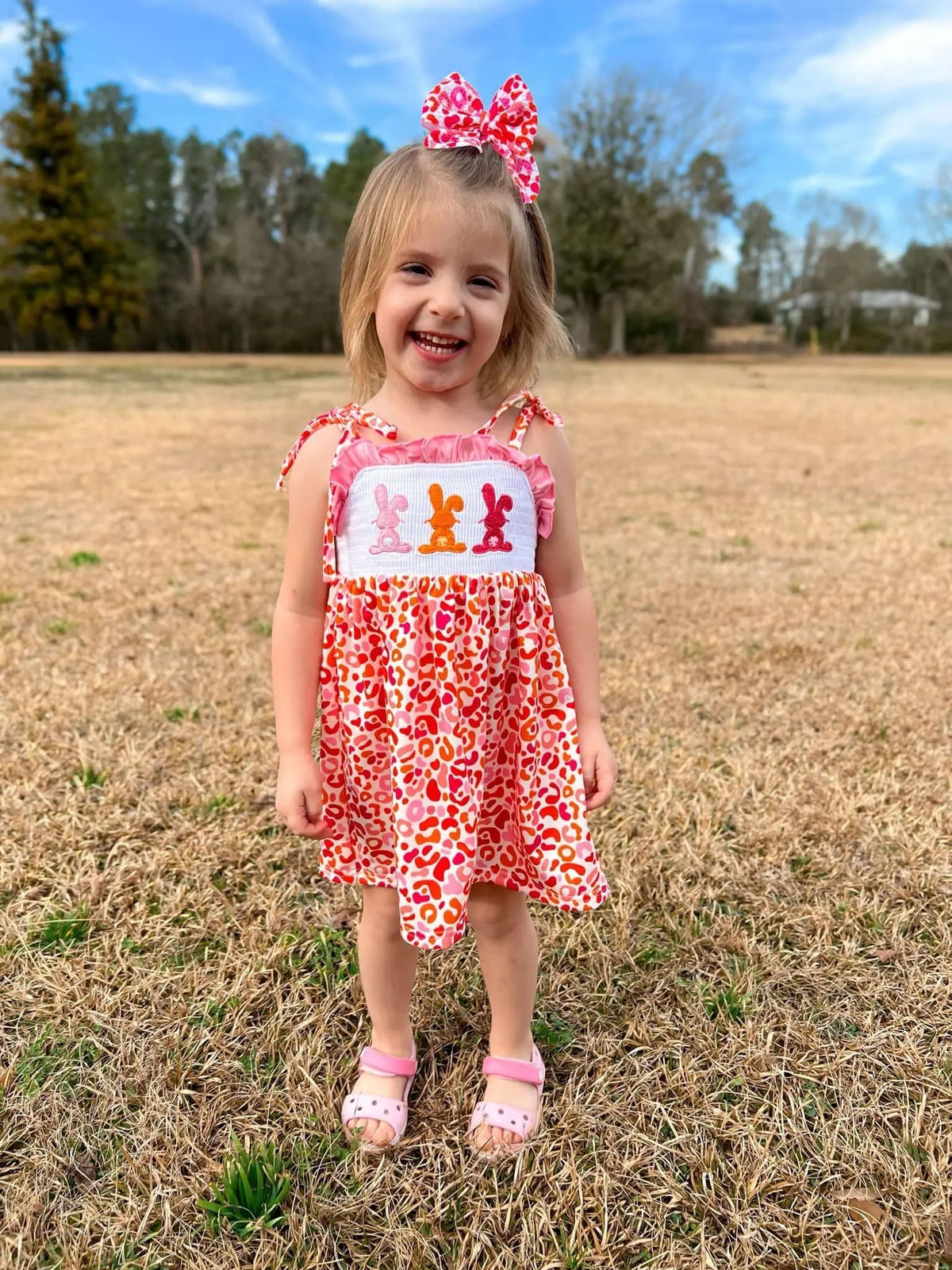 Smocked orange and pink leopard bunny Dress - Get it from Bo
