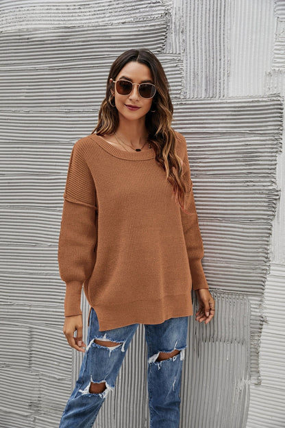 Solid Side Slit Knit Sweater - Get it from Bo