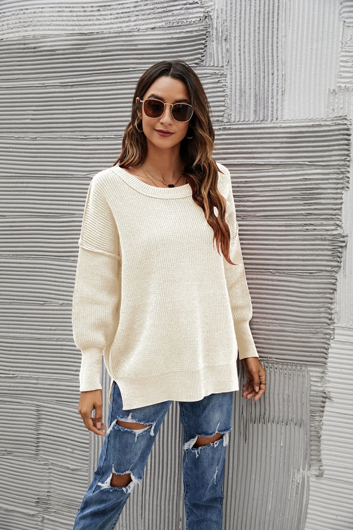 Solid Side Slit Knit Sweater - Get it from Bo