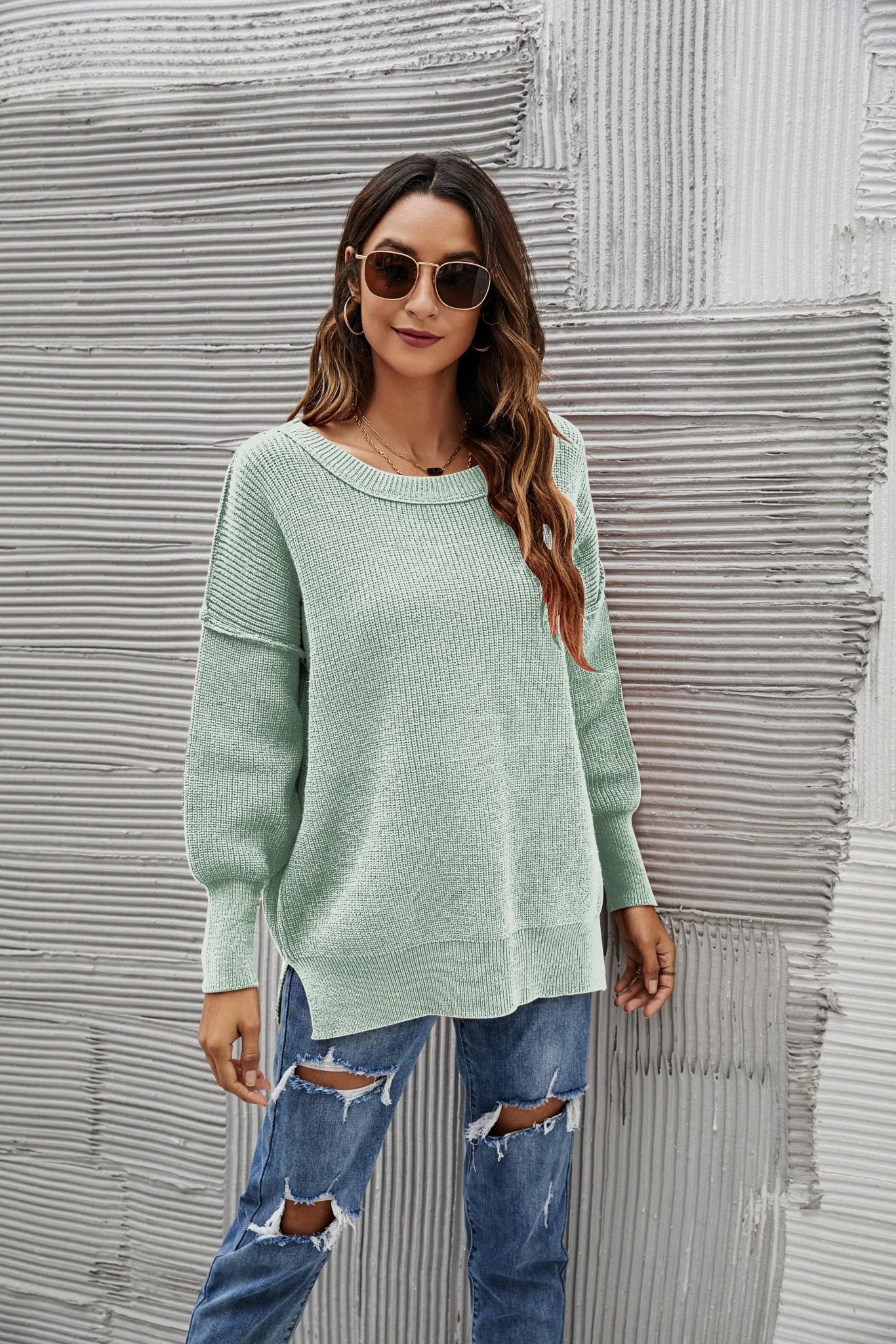 Solid Side Slit Knit Sweater - Get it from Bo