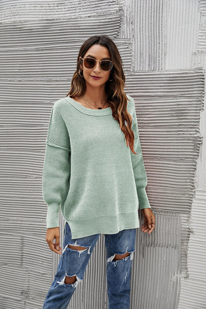 Solid Side Slit Knit Sweater - Get it from Bo