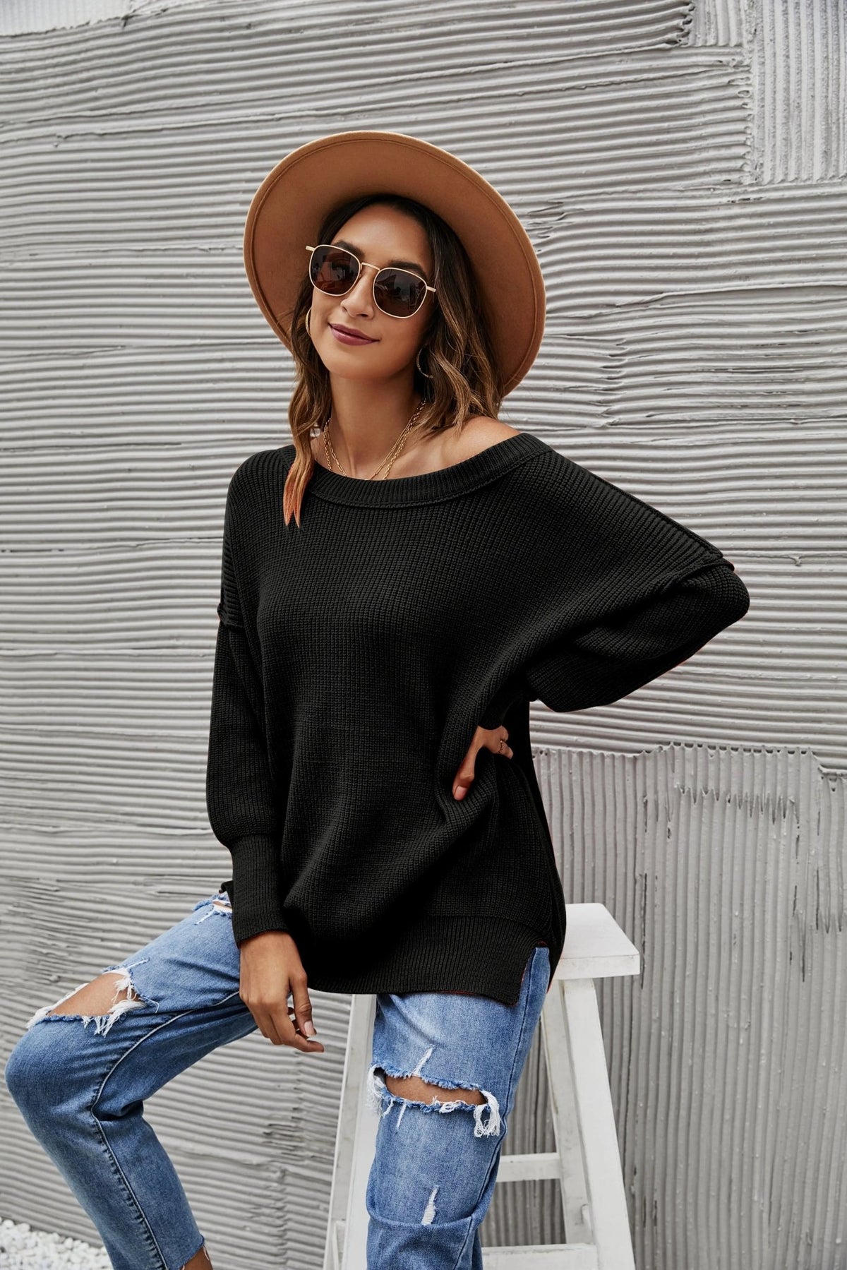 Solid Side Slit Knit Sweater - Get it from Bo