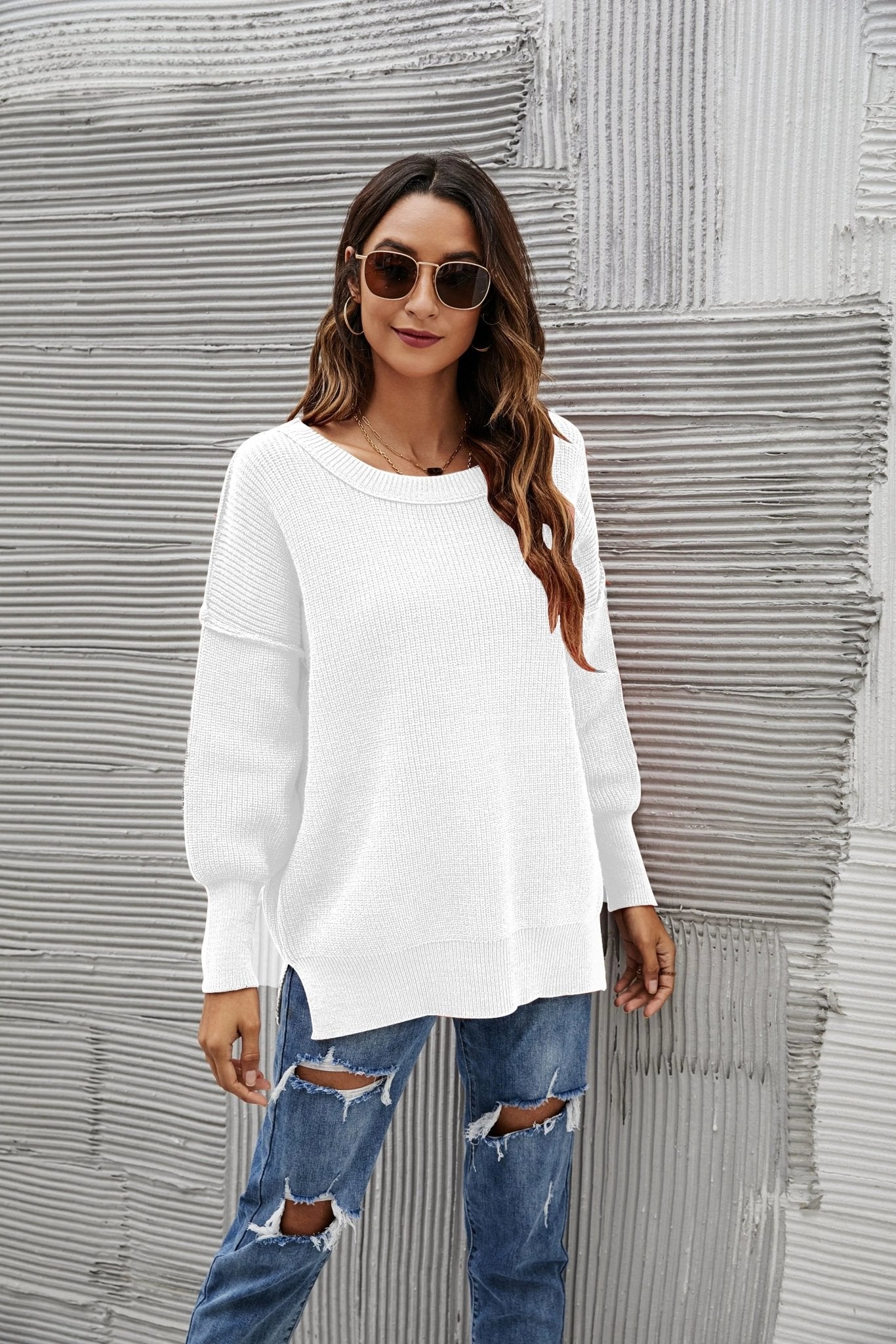 Solid Side Slit Knit Sweater - Get it from Bo