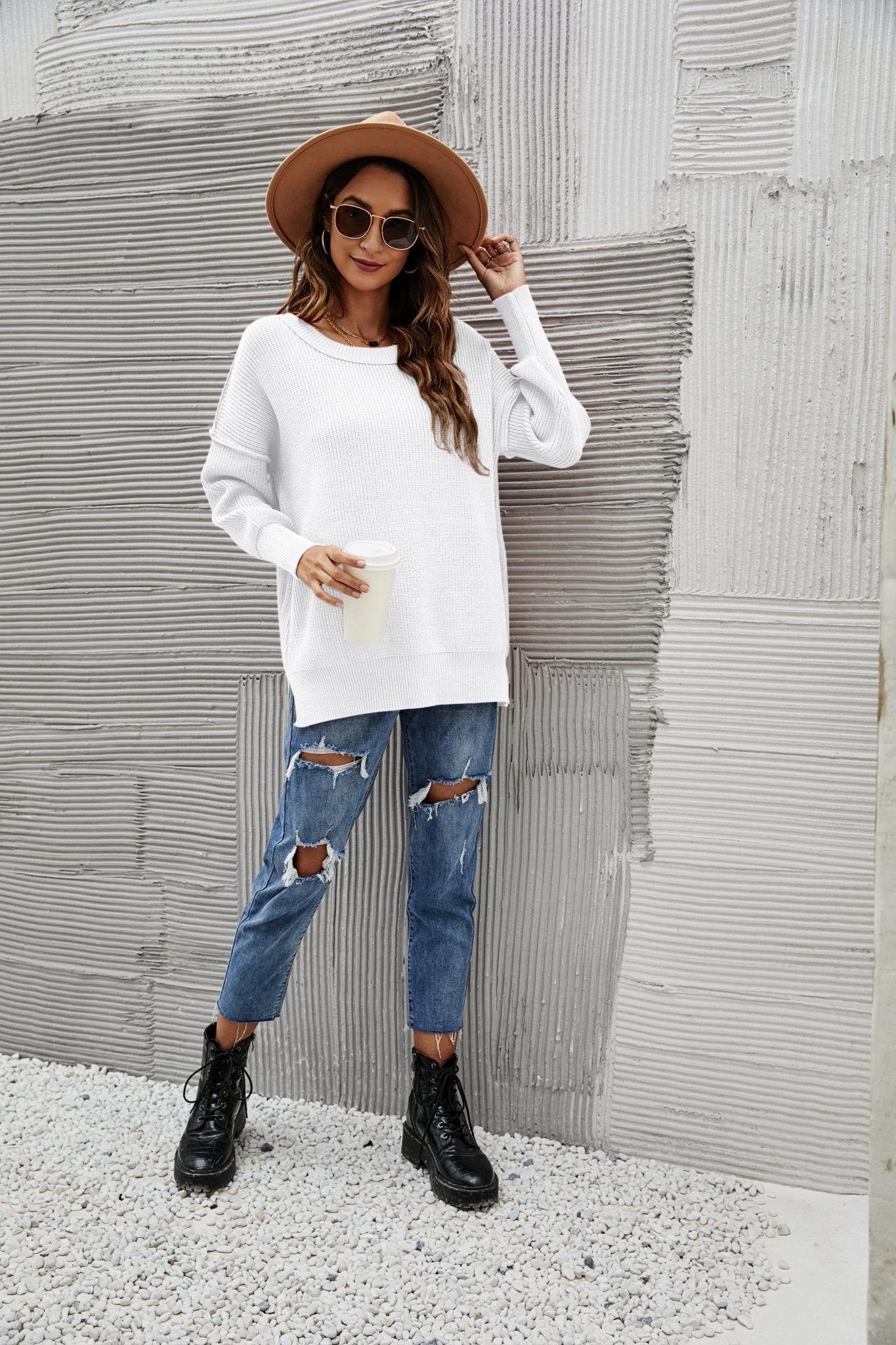 Solid Side Slit Knit Sweater - Get it from Bo