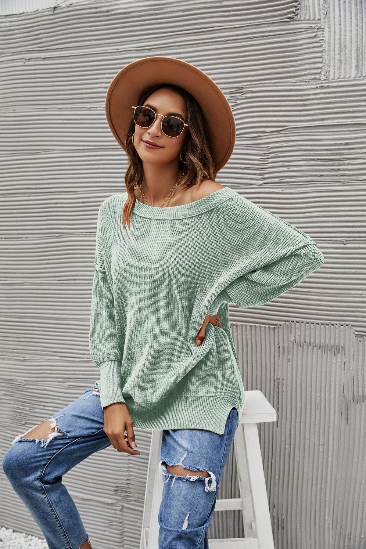 Solid Side Slit Knit Sweater - Get it from Bo