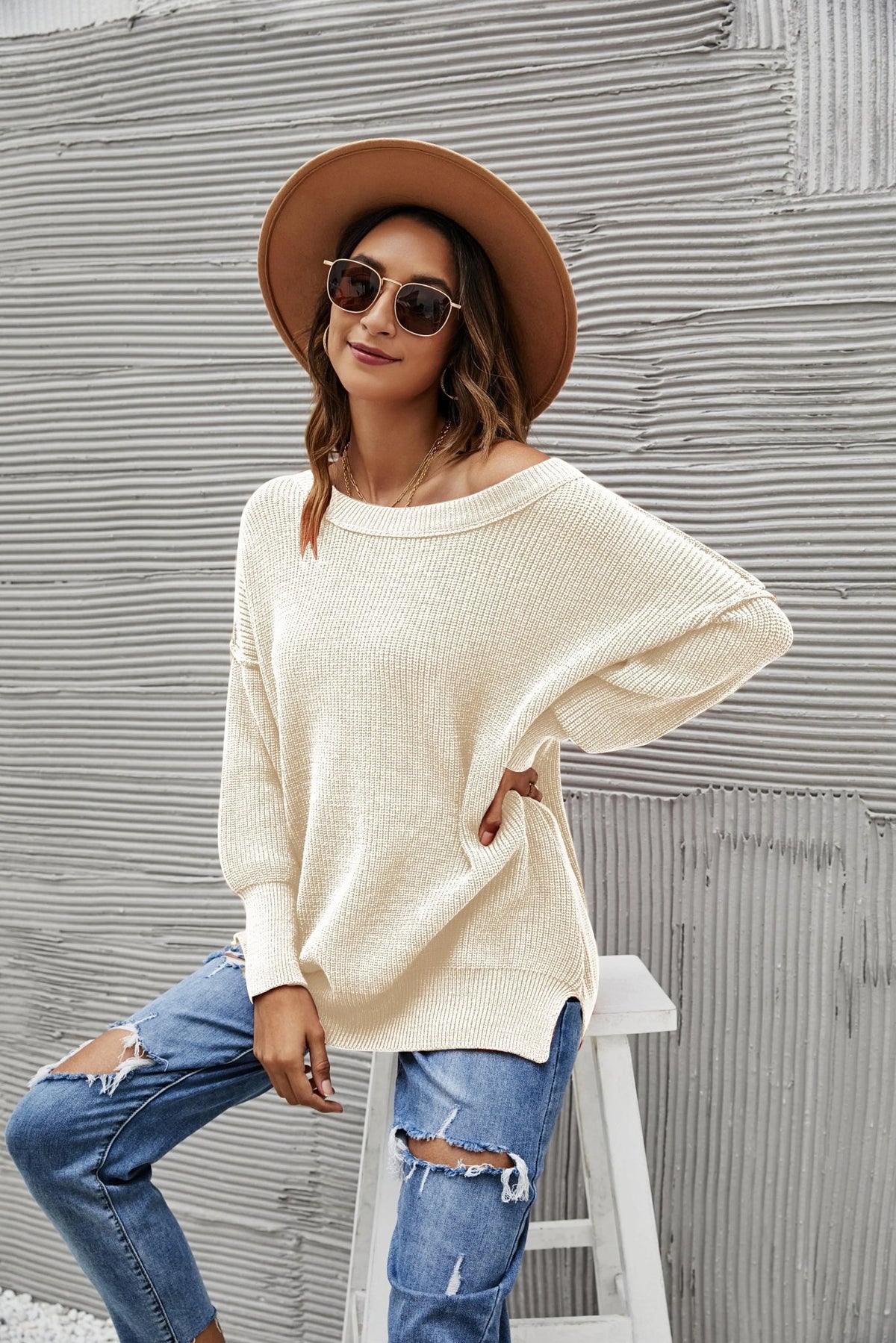 Solid Side Slit Knit Sweater - Get it from Bo