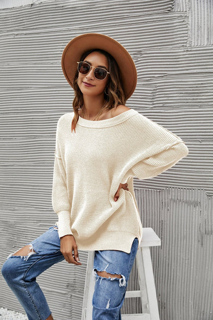 Solid Side Slit Knit Sweater - Get it from Bo