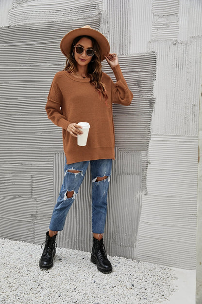 Solid Side Slit Knit Sweater - Get it from Bo