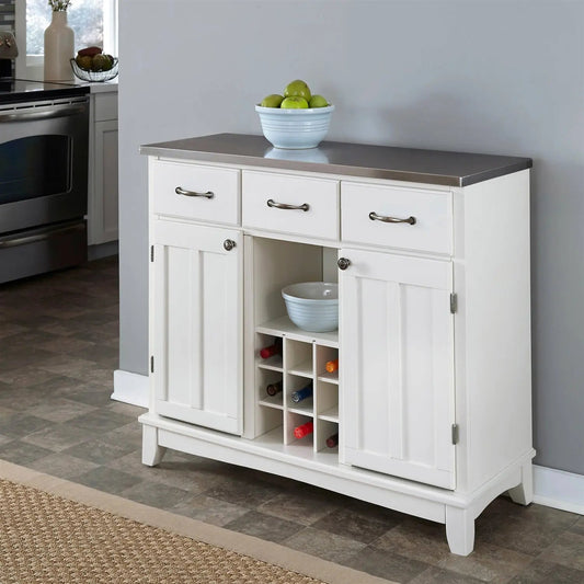 Stainless Steel Top Kitchen Island Sideboard Cabinet Wine Rack in White - Get it from Bo