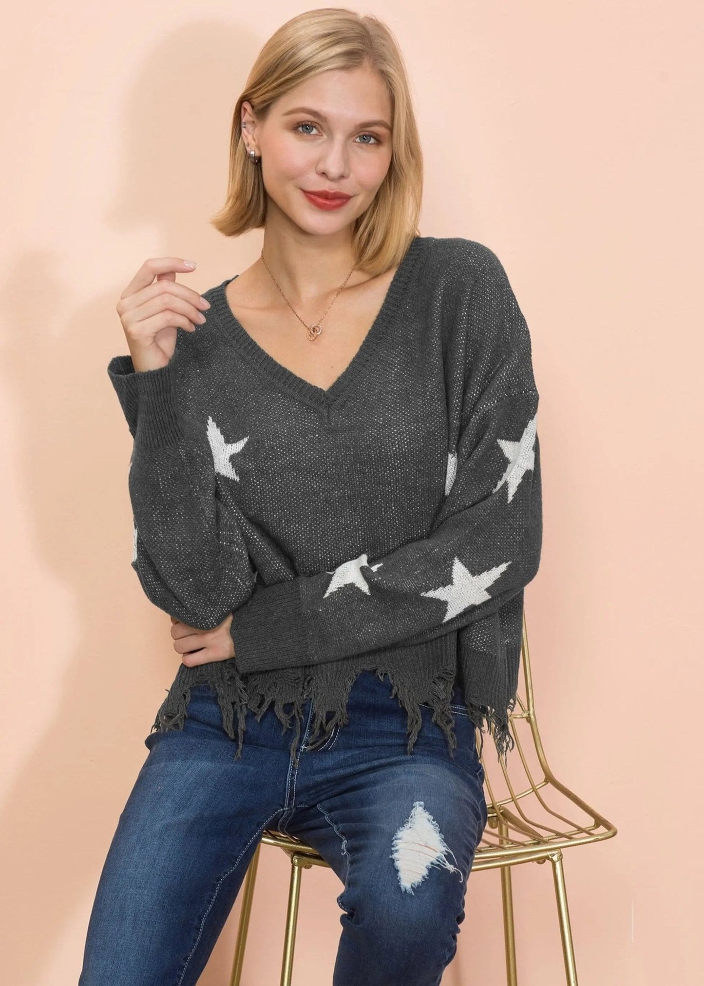Star Pattern Frayed Hem Sweater - Get it from Bo
