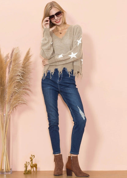 Star Pattern Frayed Hem Sweater - Get it from Bo
