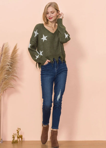 Star Pattern Frayed Hem Sweater - Get it from Bo