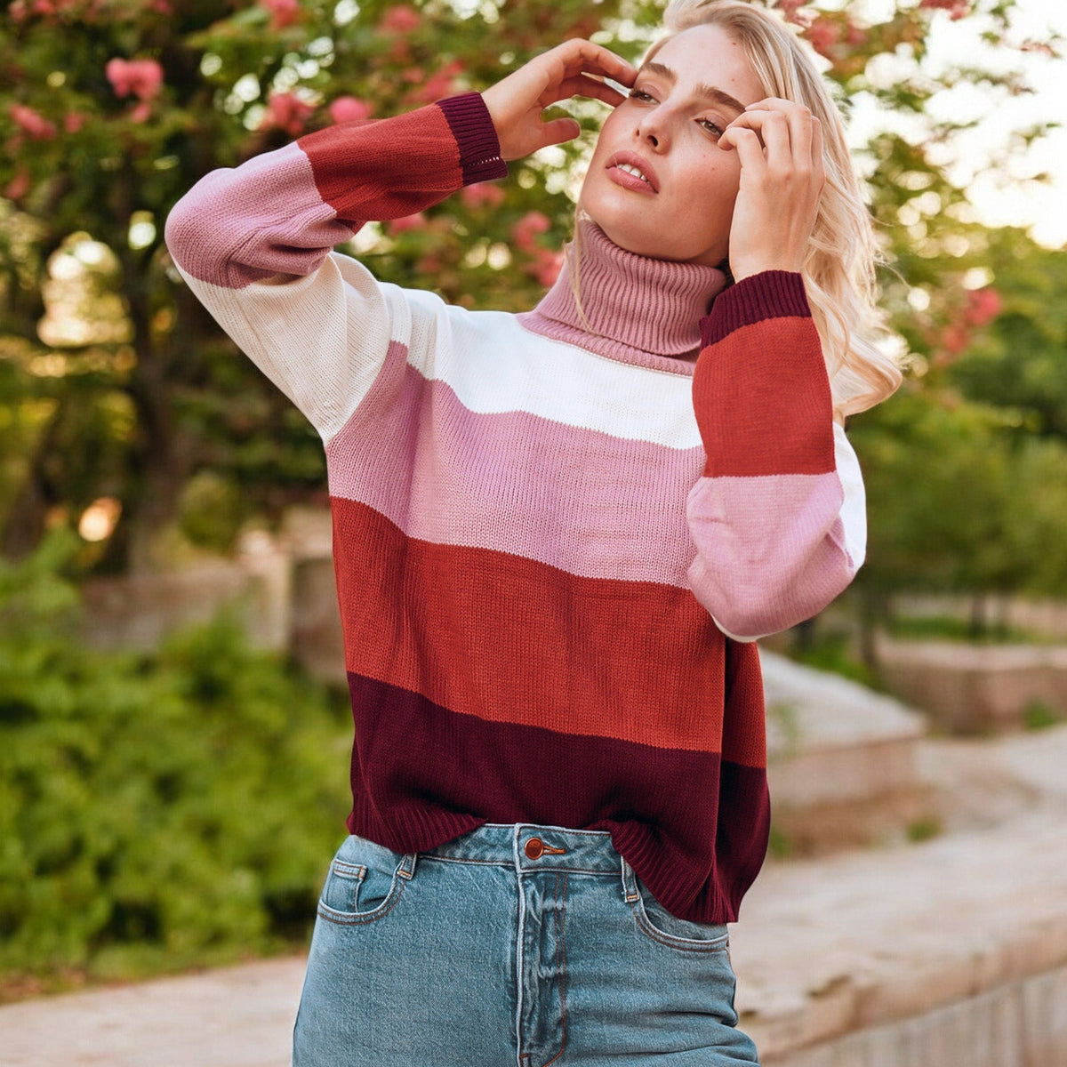 Striped Turtleneck Knit Pullover Sweater with Long Sleeves - Get it from Bo