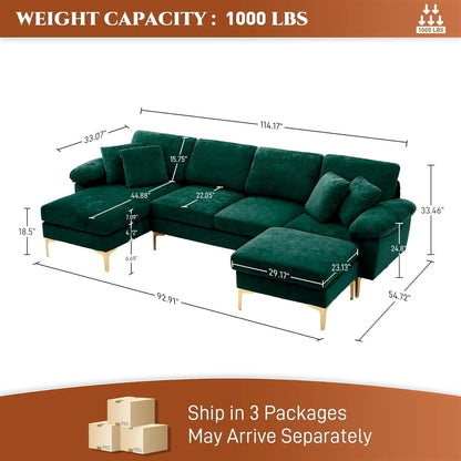 Stylish U Shaped Sectional Sofa Couch with Ottoman ShipItFurniture