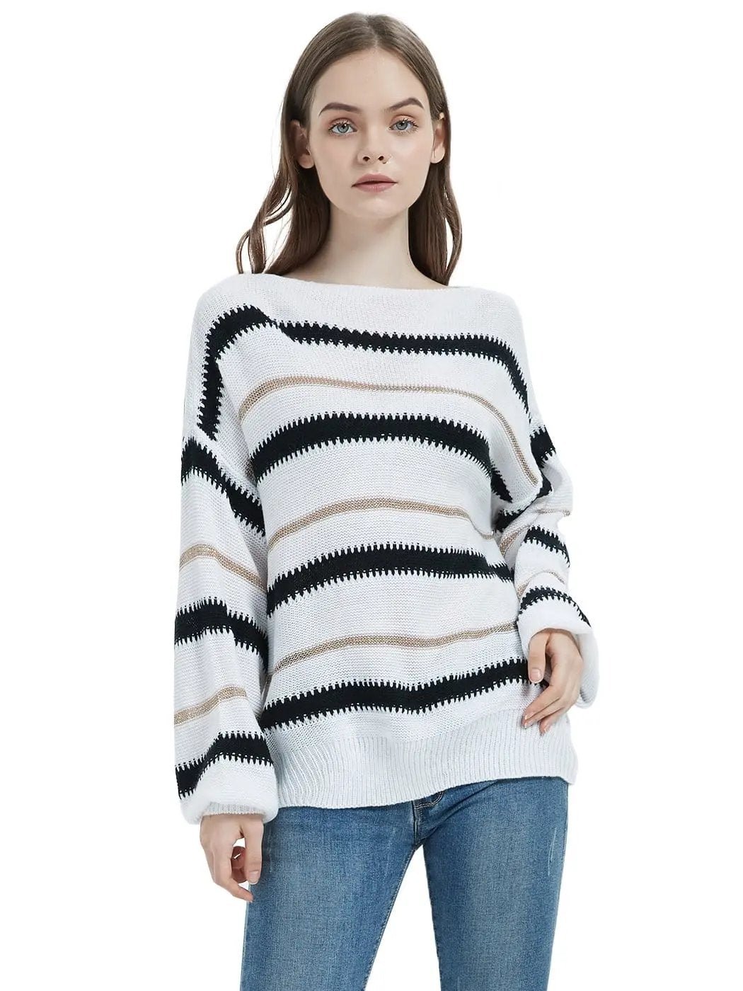 Sweaters Long Sleeve Crew Striped Oversized Knitted Pullover Tops - Get it from Bo