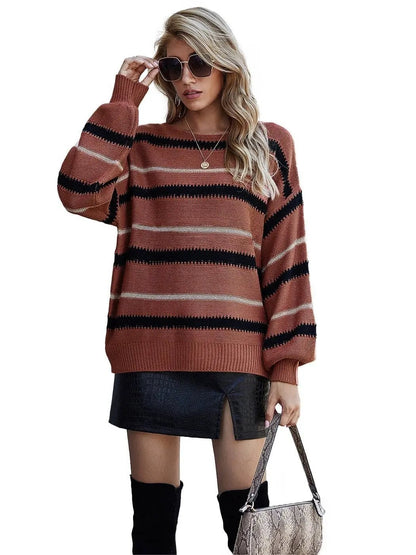 Sweaters Long Sleeve Crew Striped Oversized Knitted Pullover Tops - Get it from Bo