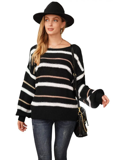 Sweaters Long Sleeve Crew Striped Oversized Knitted Pullover Tops - Get it from Bo