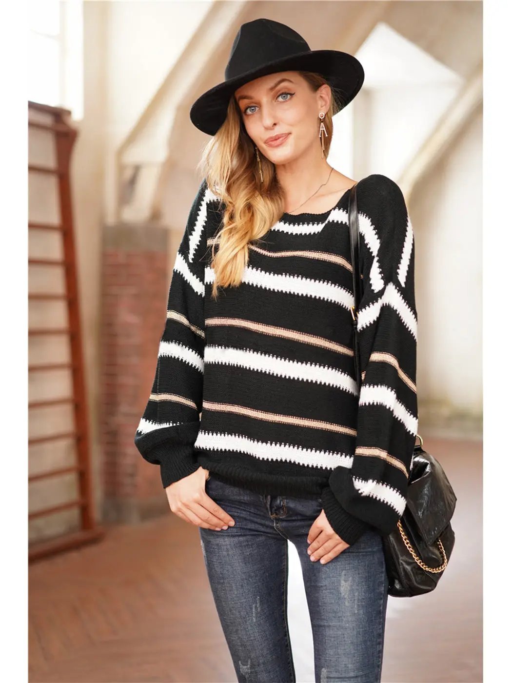 Sweaters Long Sleeve Crew Striped Oversized Knitted Pullover Tops - Get it from Bo