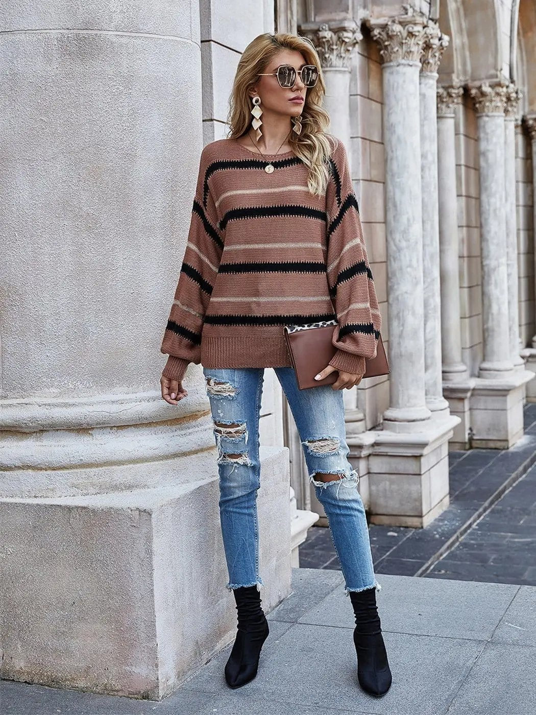 Sweaters Long Sleeve Crew Striped Oversized Knitted Pullover Tops - Get it from Bo