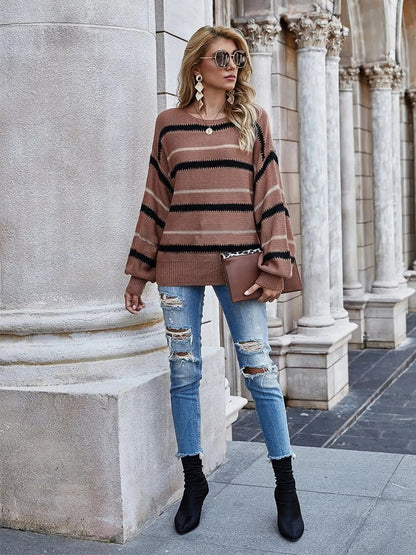 Sweaters Long Sleeve Crew Striped Oversized Knitted Pullover Tops - Get it from Bo