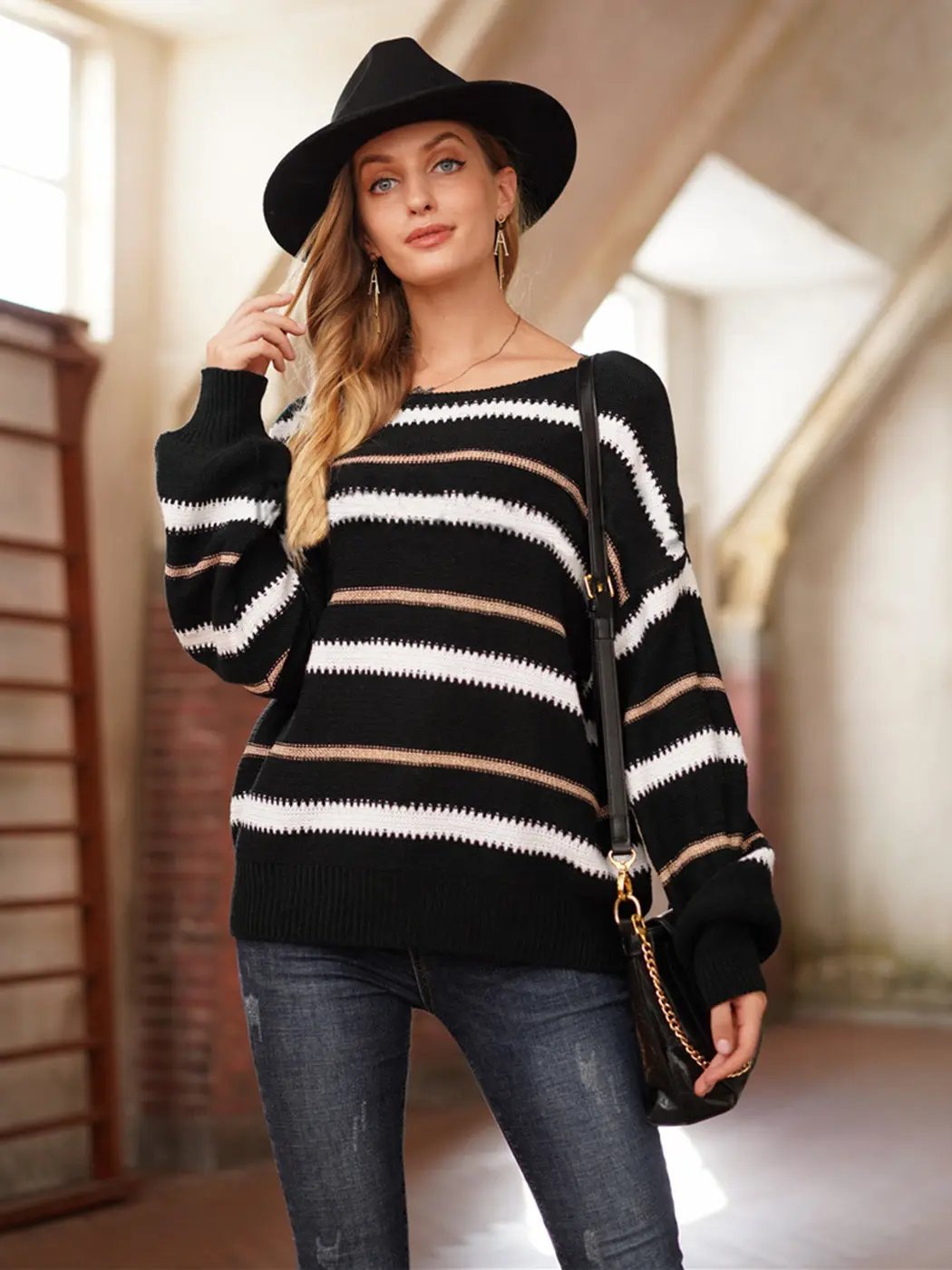 Sweaters Long Sleeve Crew Striped Oversized Knitted Pullover Tops - Get it from Bo